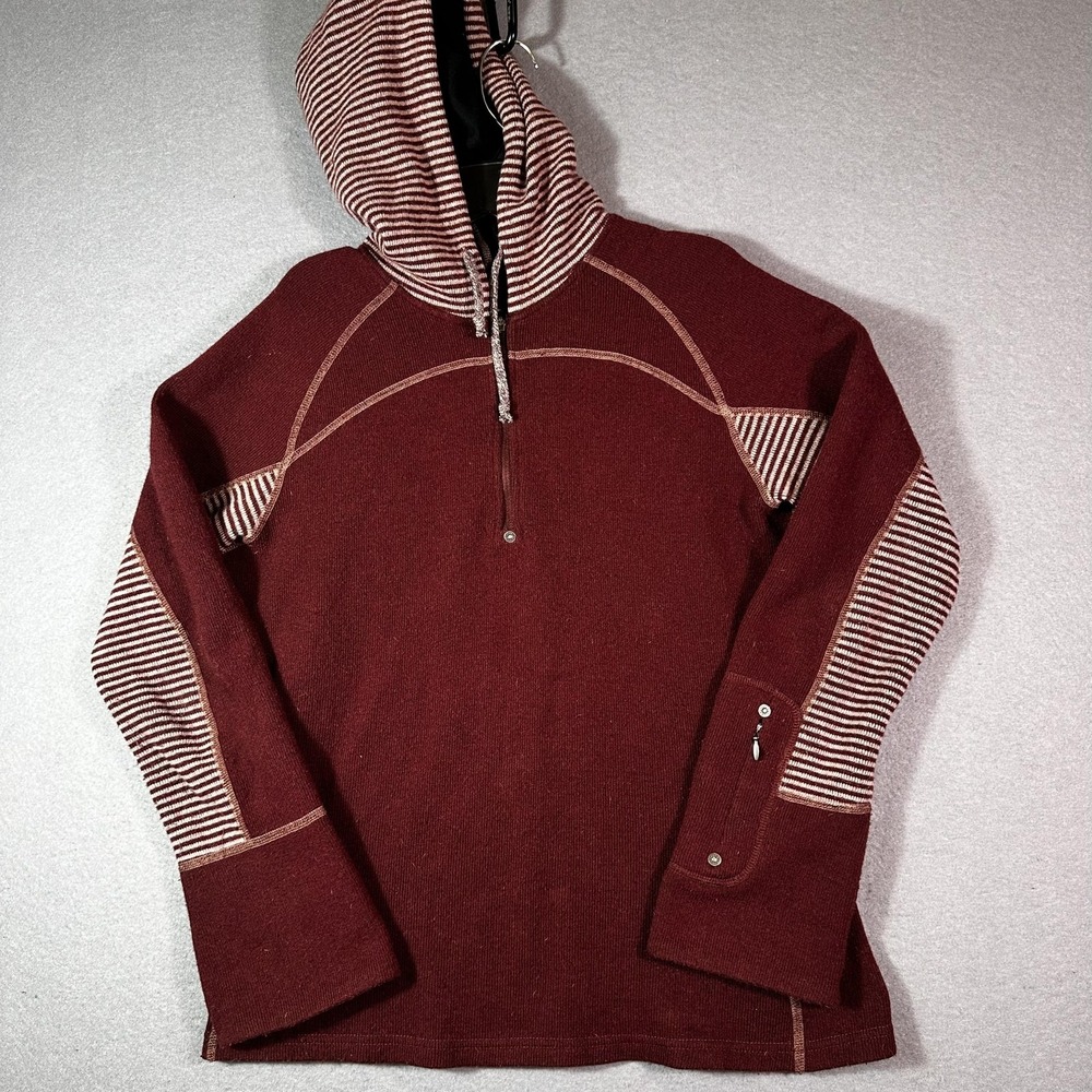 PrAna Sweater Womens Small Red Striped Hooded 1/4 Zip Wool Blend Knit Pullover